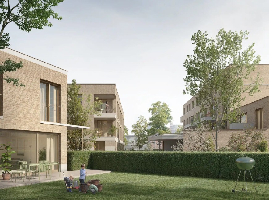 Charles Waregem: 8 nieuwbouwwoningen met 3 slaapkamers rond een autovrij, groen woonerf in de Molenstraat