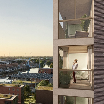 Tournesol in De Nieuwe Dokken (Gent): woontoren met zicht op water en skyline van Gent.