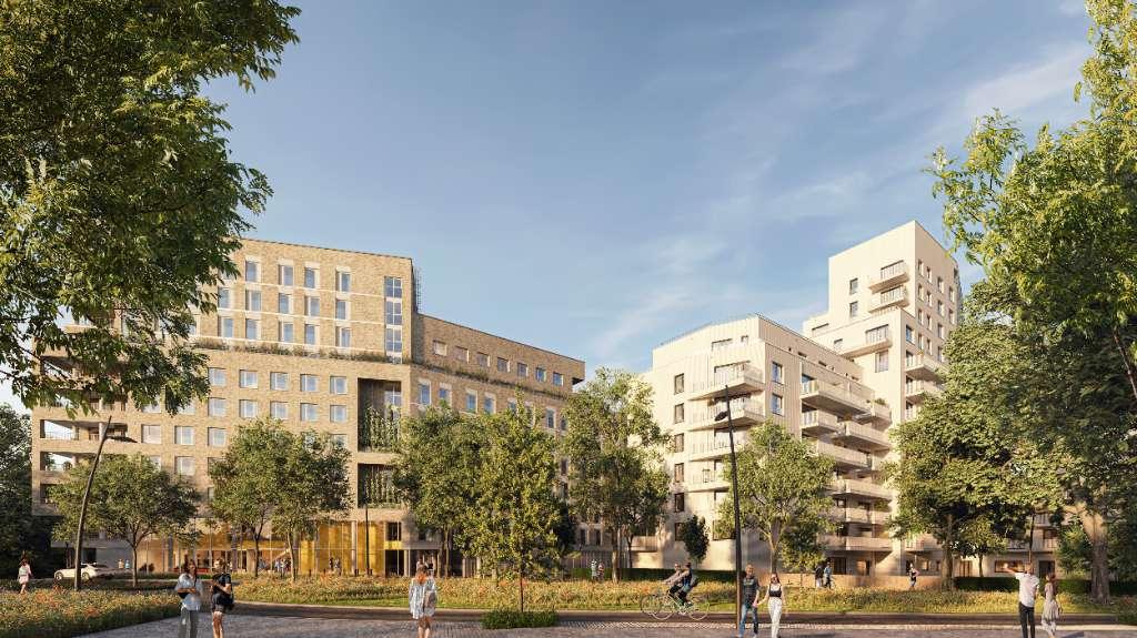 UNI studentenkoten op VUB/ULB: groen op de campus en groenzones rond het gebouw in Elsene