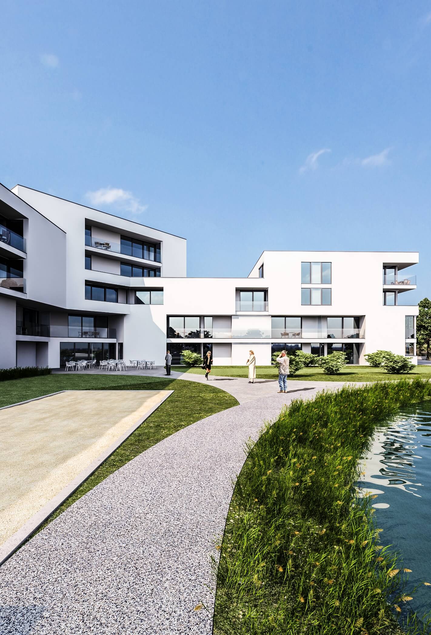Residentie Vijverhof in Zwevegem: assistentiewoningen met 24/7 ondersteuning via Umanis en wellnessfaciliteiten.